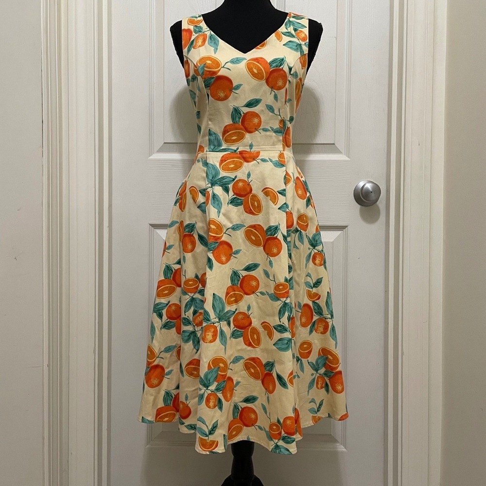 Eva Rose Orange Citrus Fruit Print Dress Fit Flare‎ Sm Kentucky Derby Rockabilly